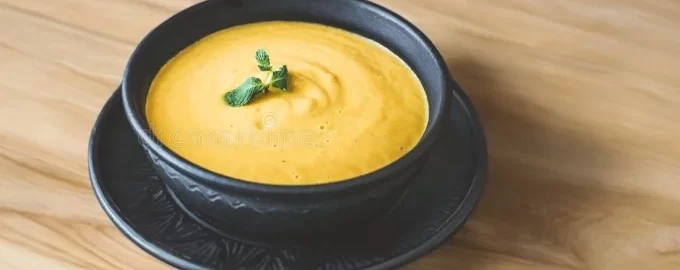 A black bowl of creamy pumpkin or squash soup garnished with fresh herbs sits on a matching black plate on a wooden.