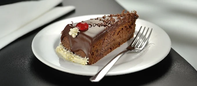 A slice of rich chocolate cake with glossy icing on a white plate.