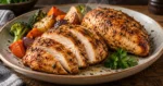 Sliced air fryer chicken breast with roasted vegetables