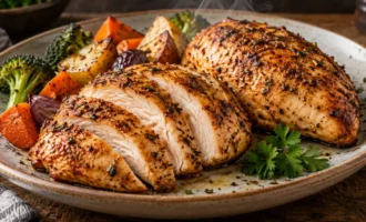 Sliced air fryer chicken breast with roasted vegetables