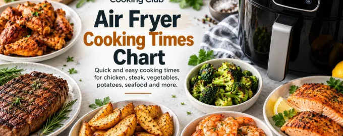 Air fryer cooking times chart for chicken, steak, vegetables, potatoes and seafood
