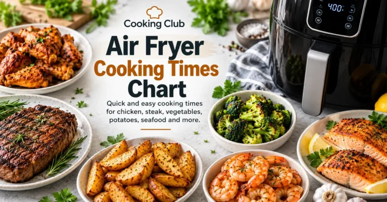 Air fryer cooking times chart for chicken, steak, vegetables, potatoes and seafood