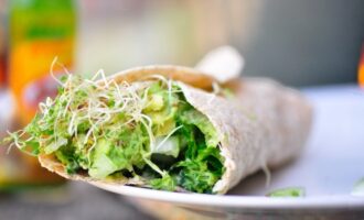alfalfa sprout wrap with avocado and fresh vegetables