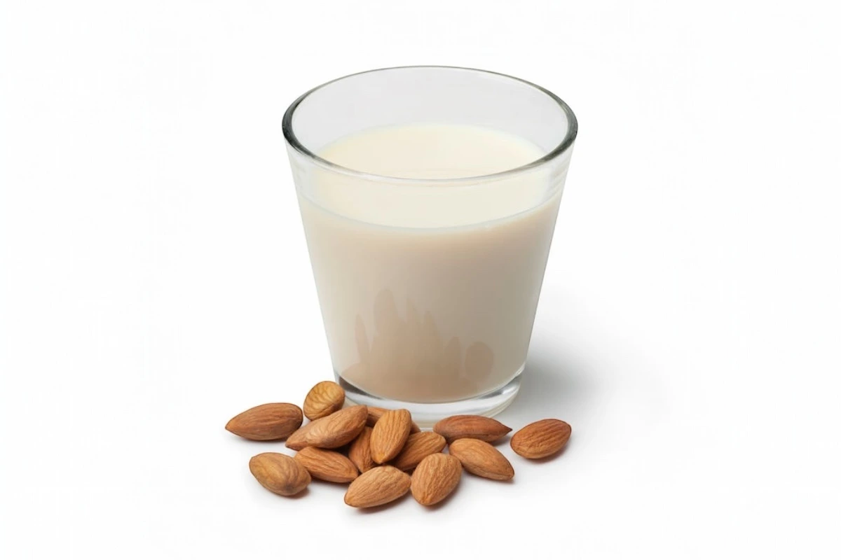 Almond milk ingredient on white background
