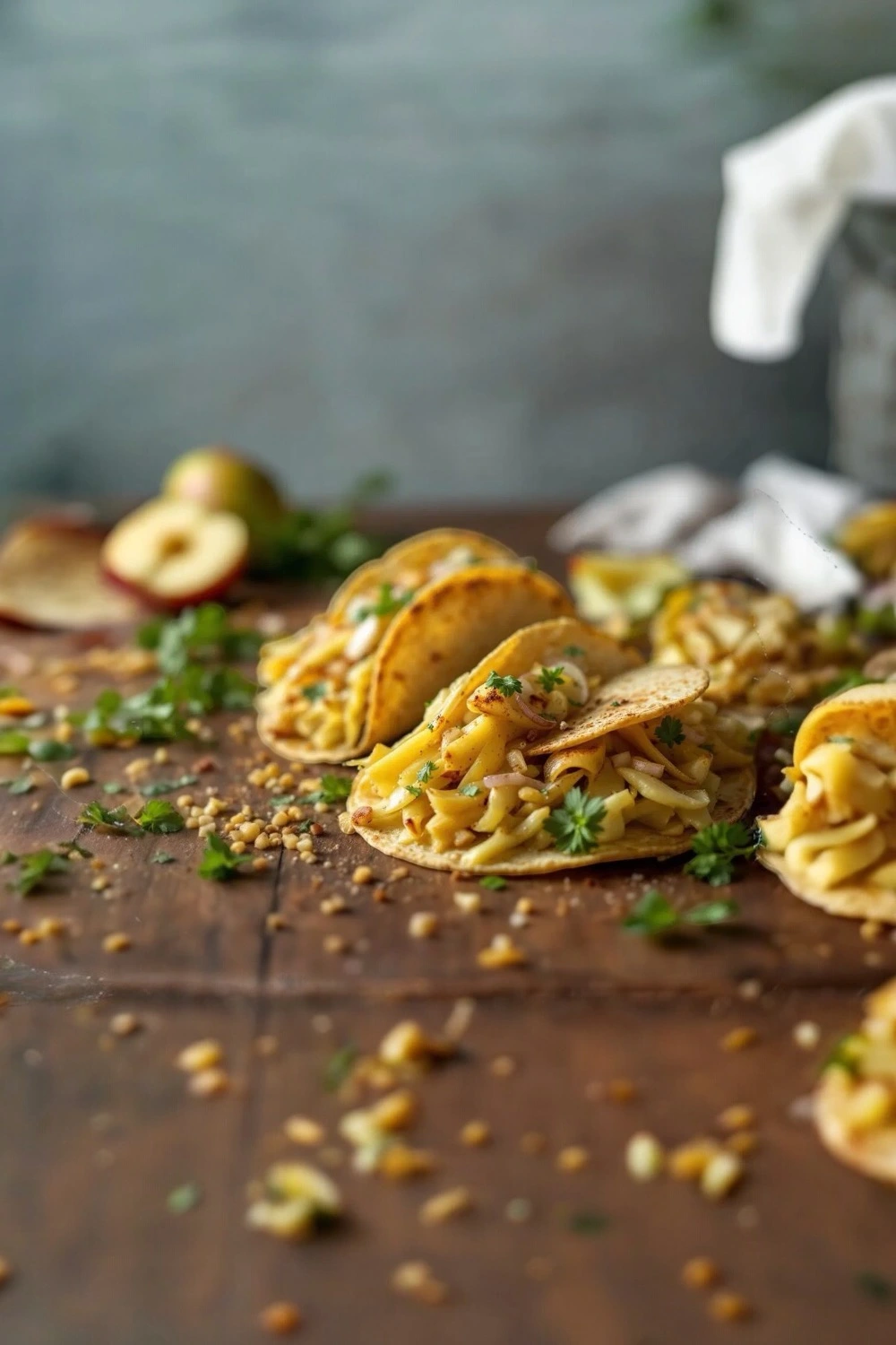 Apple and artichoke breakfast tacos served on a wooden table with fresh herbs