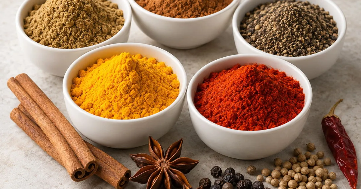 Assorted ground and whole culinary spices