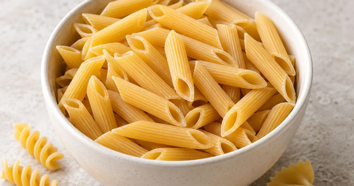 Uncooked penne, fusilli, and farfalle pasta