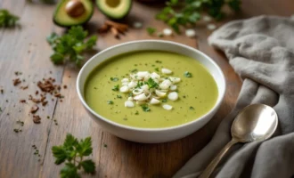 Avocado onion soup in a white bowl with fresh herbs