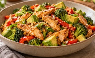 Chicken and avocado stir fry with broccoli and red bell peppers in a ceramic bowl