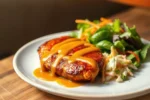 Smoky grilled BBQ chicken served with herbs and barbecue sauce