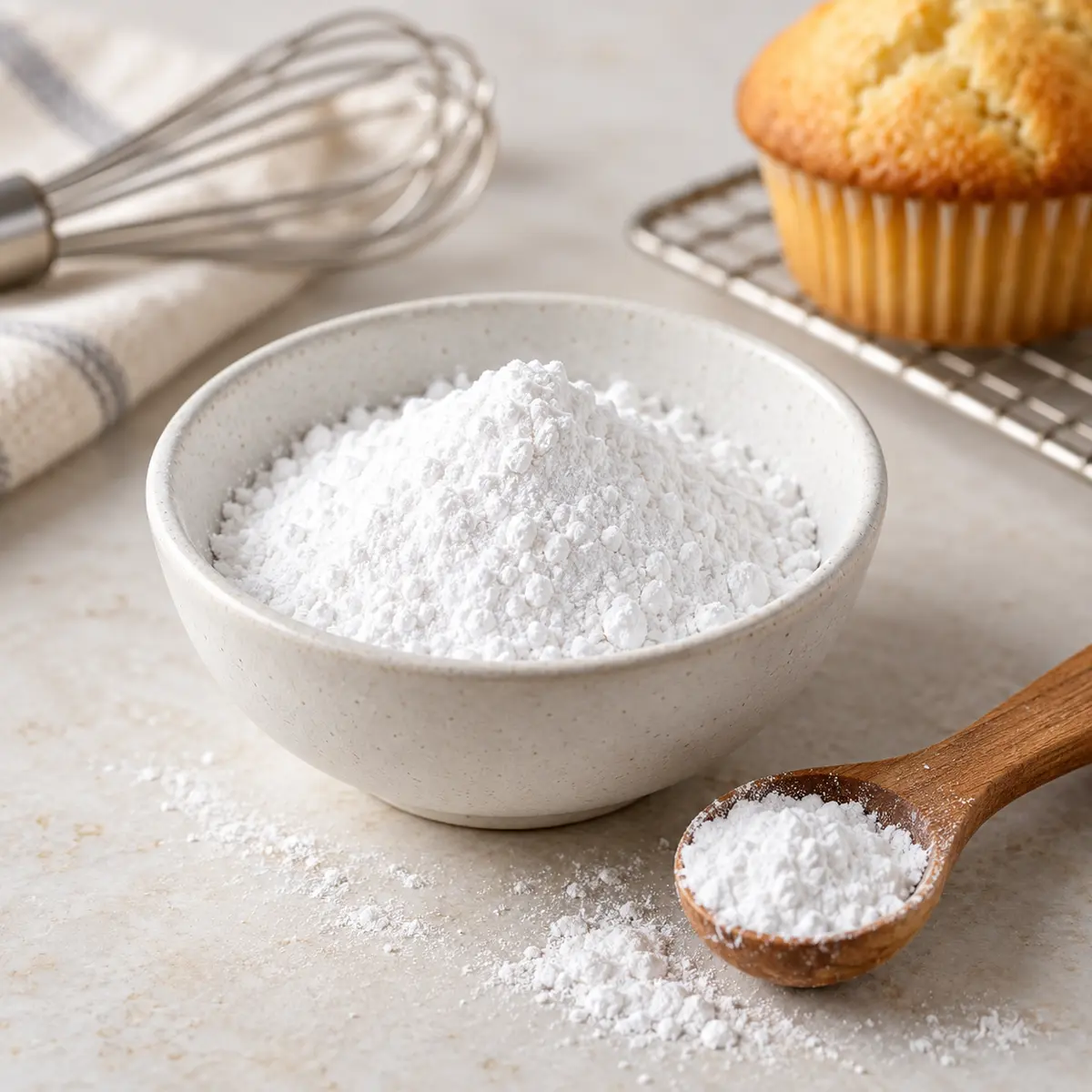 Baking powder in a ceramic bowl with a wooden measuring spoon
