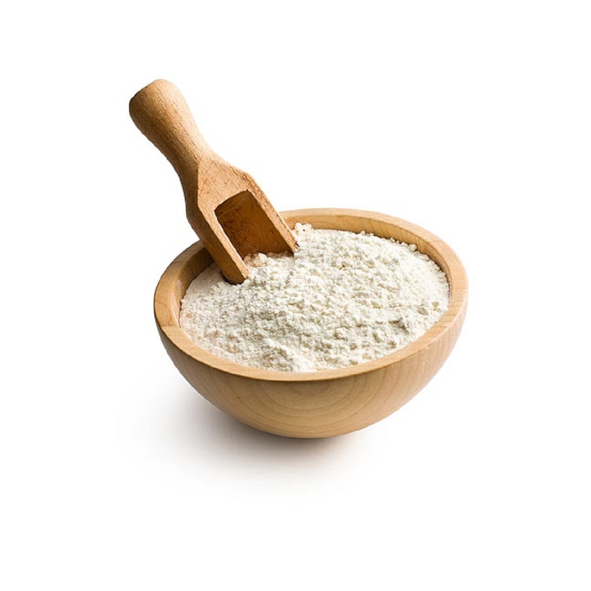 Baking soda in a wooden bowl with a wooden spoon