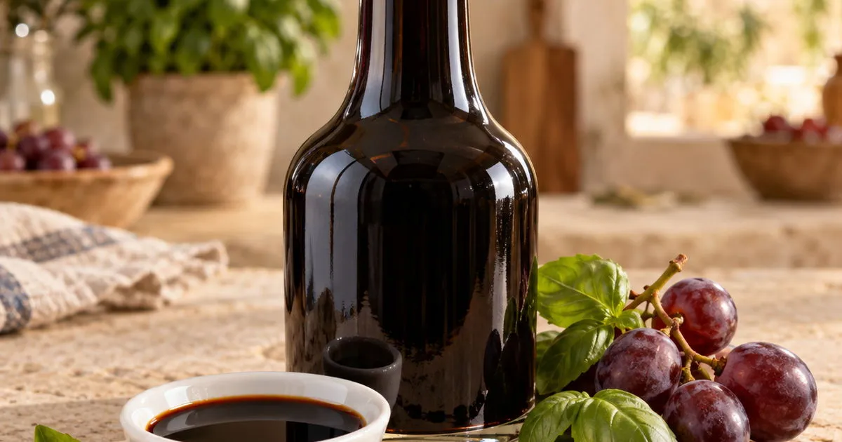 Balsamic vinegar with purple grapes and fresh basil