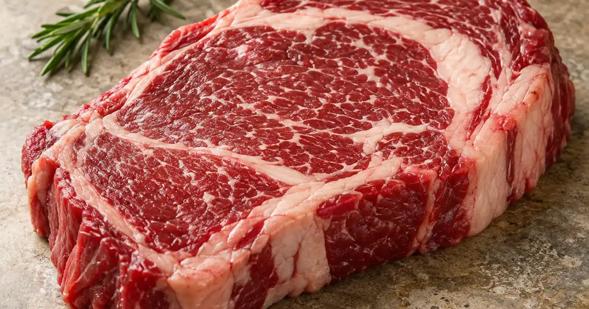 Raw marbled beef steak on a stone surface with a sprig of rosemary