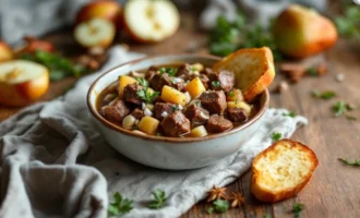 Beef and apple stew served in a rustic bowl with fresh herbs