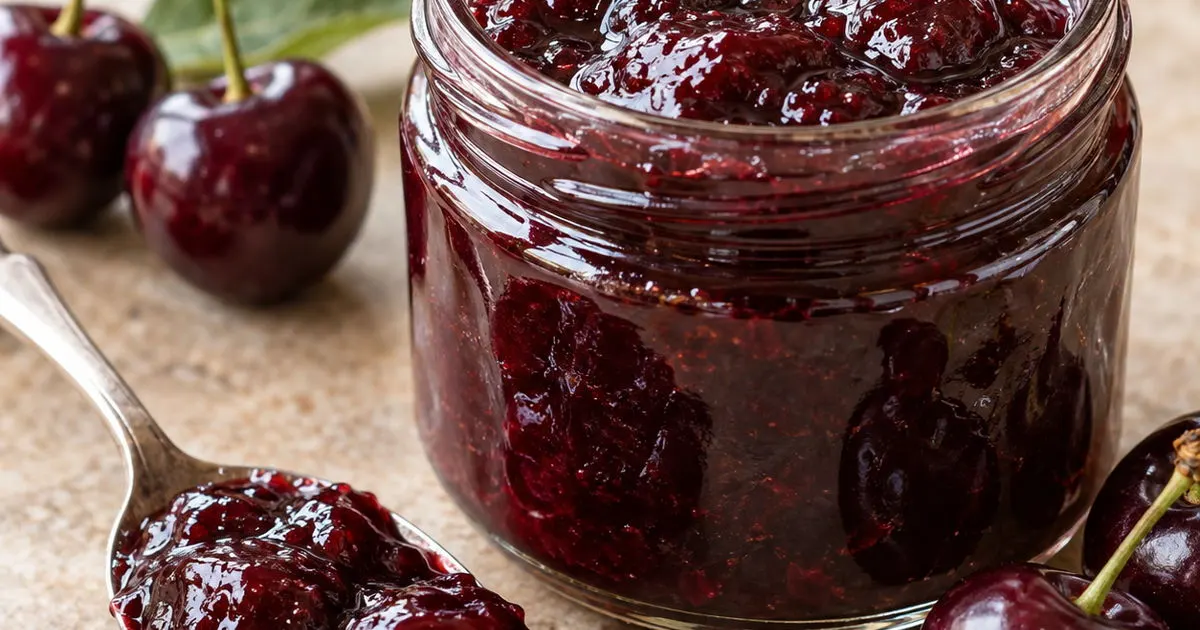 Glass jar of black cherry preserves with a spoonful of cherries and fresh cherries nearby