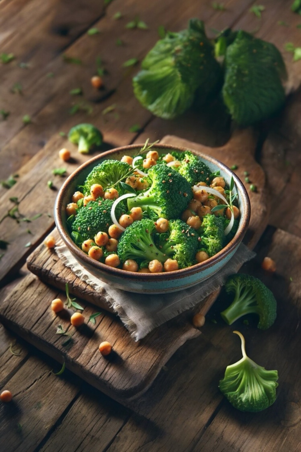 Broccoli and chickpea salad with fresh vegetables in a bowl