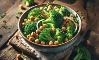 Broccoli and chickpea salad with lemon dressing served in a bowl
