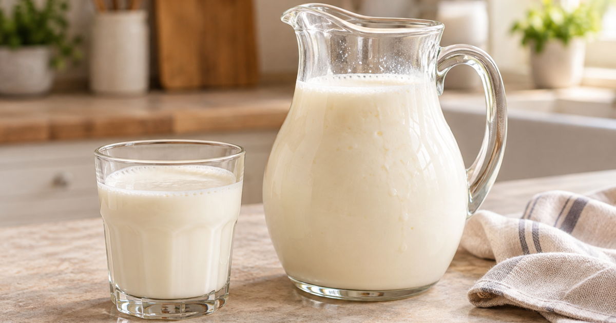 Fresh buttermilk in a glass pitcher and drinking glass