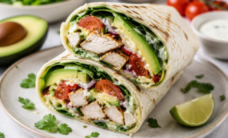 California Chicken Avocado Wrap with grilled chicken, avocado, tomatoes, and fresh greens