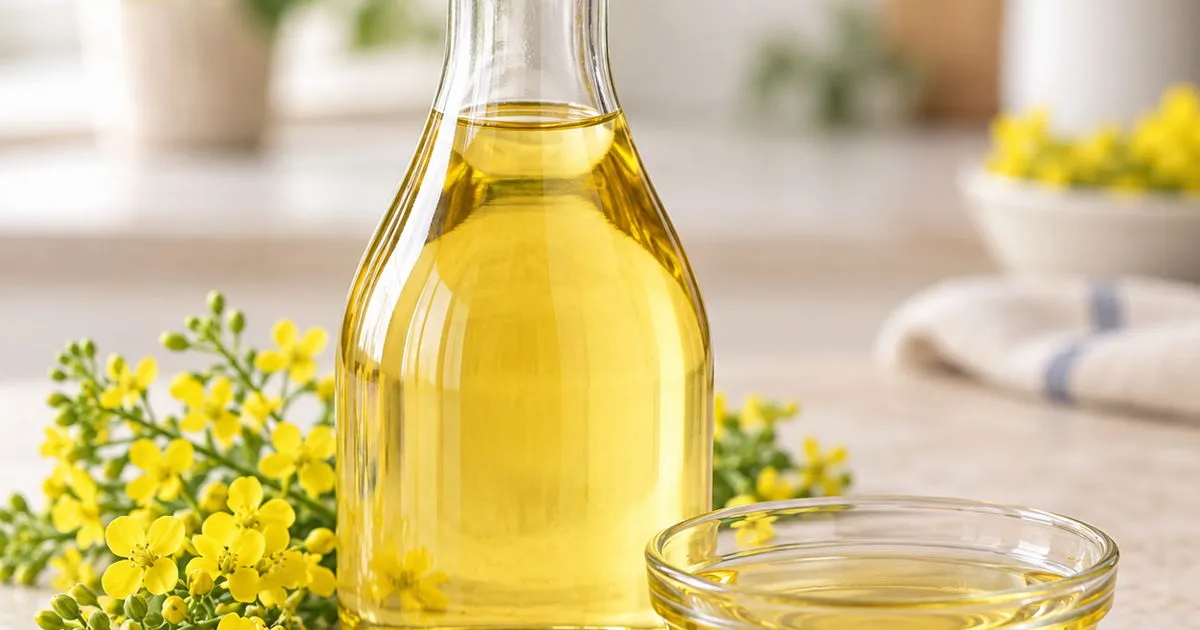 Canola oil in a glass bottle with yellow canola flowers