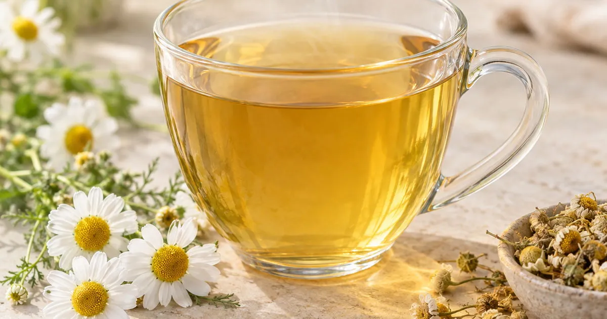 Chamomile tea in a glass cup with fresh and dried chamomile flowers