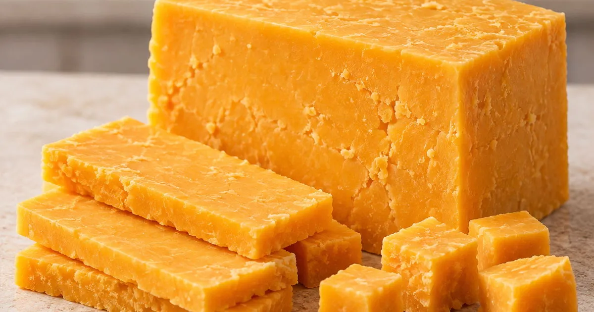 Cheddar cheese block with slices and cubes