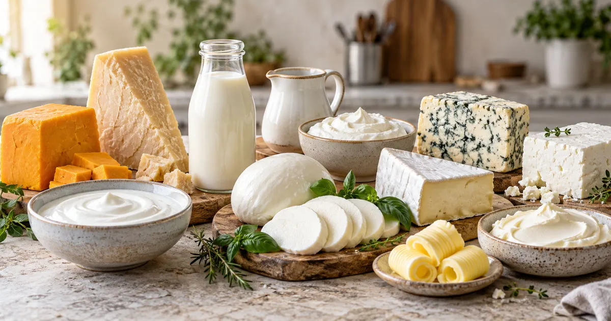 Assortment of cheese and dairy products including milk, yogurt, cream, butter, and mozzarella