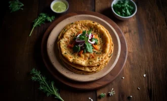 Cheesy carrot paratha served on a plate with yogurt and herbs