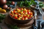Chicken and bell pepper potato bake served with roasted vegetables