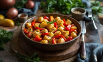 Chicken and bell pepper potato bake recipe with roasted vegetables