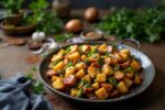 Middle Eastern chicken and potato stir fry cooked in a skillet with spices, bell peppers, and herbs