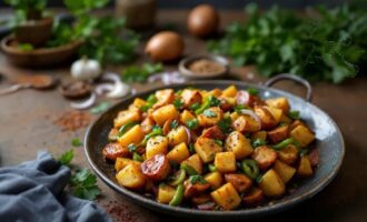 Middle Eastern chicken and potato stir fry cooked in a skillet with spices, bell peppers, and herbs