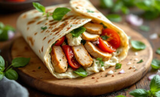 Chicken and Ricotta Tortilla Wrap served with fresh vegetables on a wooden board
