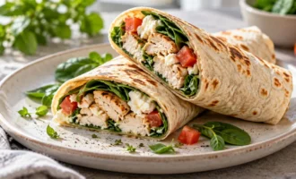 Chicken and ricotta tortilla wraps with spinach and tomato, sliced in half on a plate