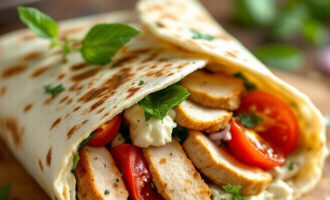 Chicken and Ricotta Tortilla Wrap served with fresh vegetables on a wooden board