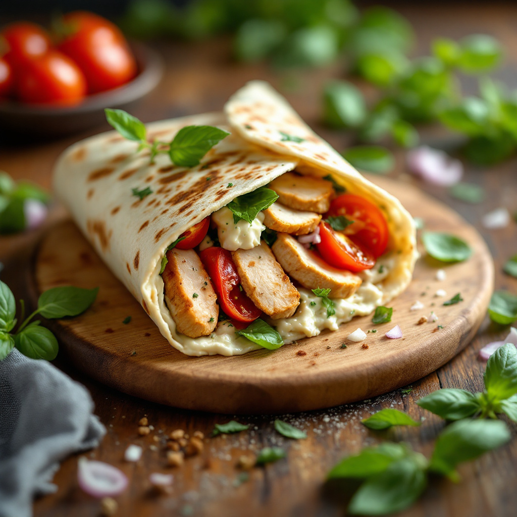 Chicken and Ricotta Tortilla Wrap served with fresh vegetables on a wooden board