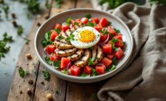 Chicken and watermelon salad with grilled chicken, fresh watermelon, tomatoes, herbs, and lemon dressing