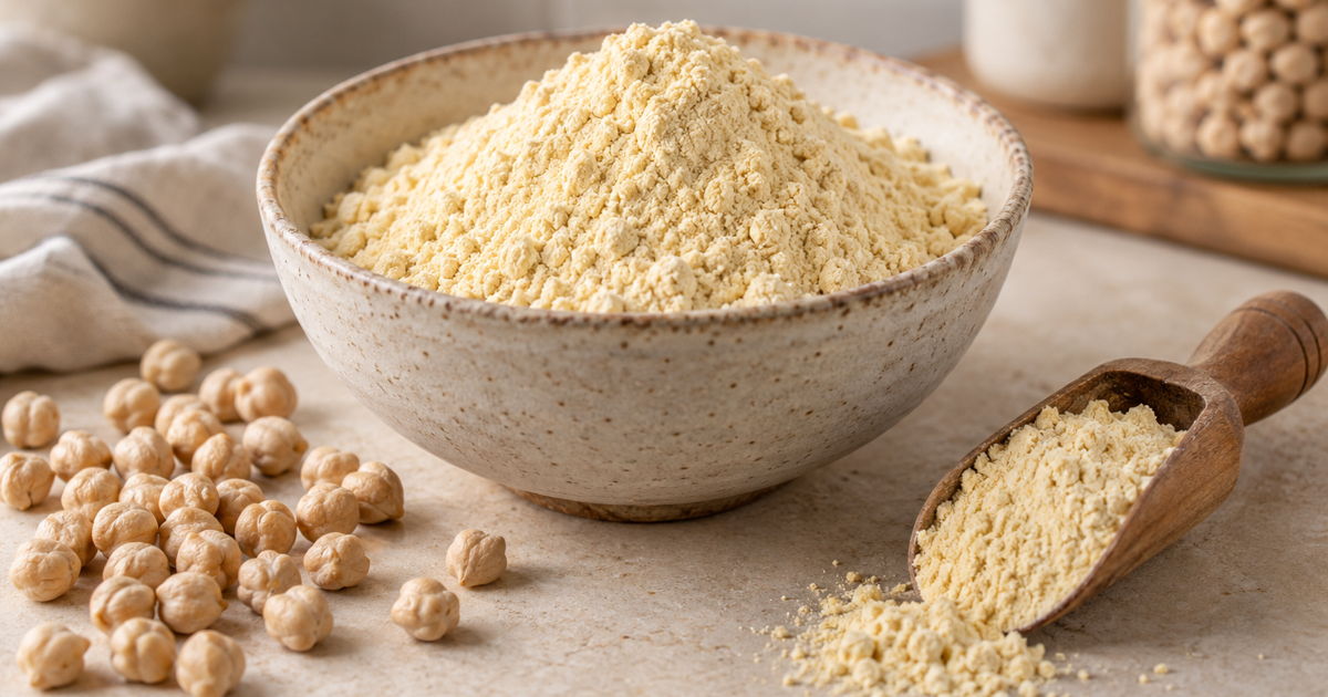 Chickpea flour in a ceramic bowl with dried chickpeas