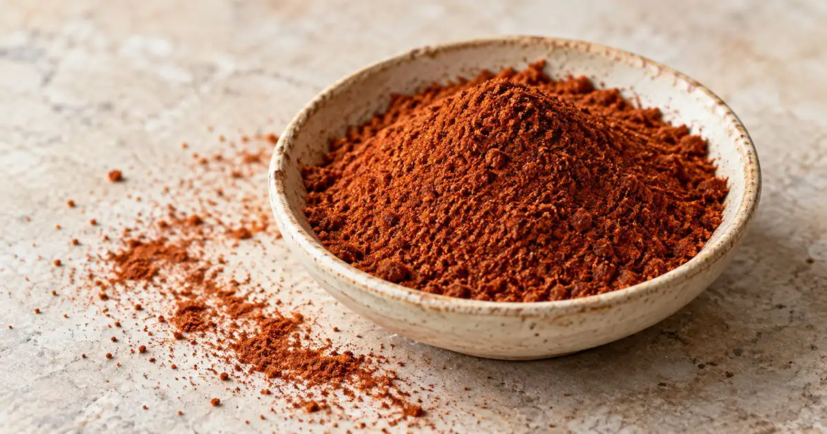 Red-brown chili powder in a ceramic bowl on a stone surface
