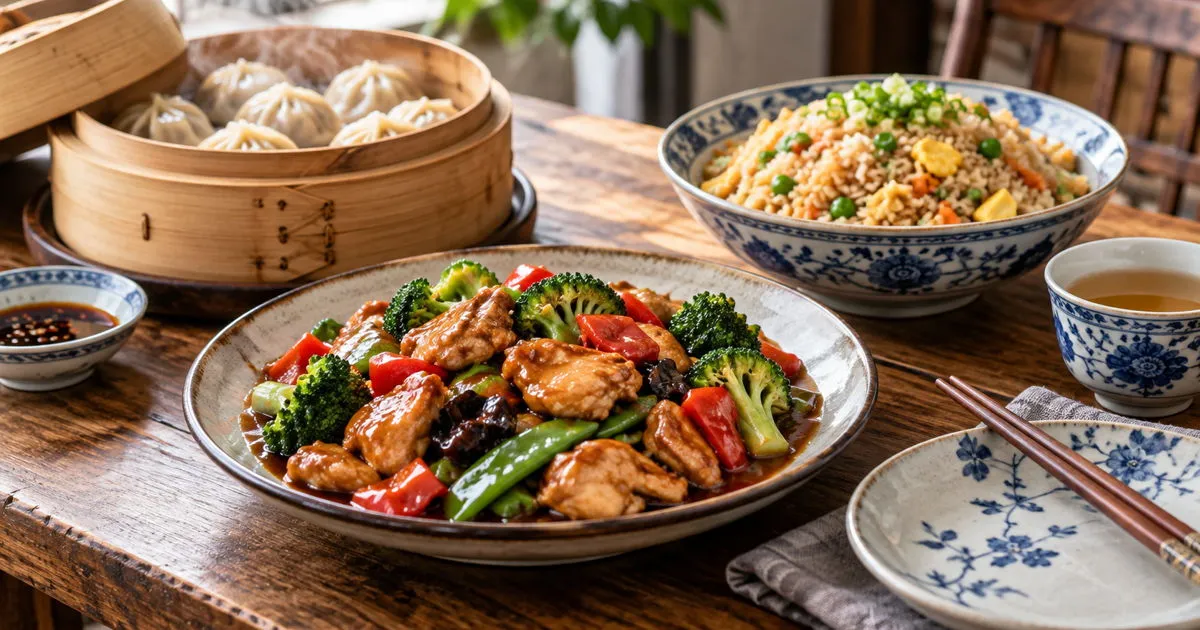 Chinese chicken and vegetable stir-fry with steamed dumplings and fried rice
