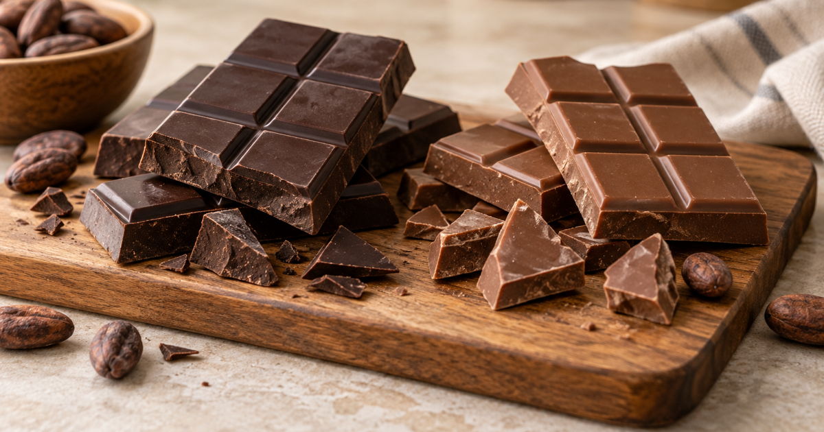 Dark and milk chocolate bars with cacao beans