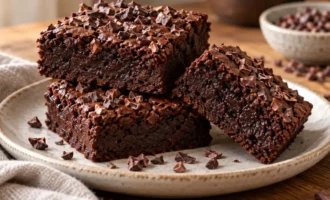 Fudgy chocolate brownies topped with cacao nibs on a ceramic plate