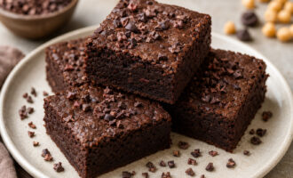 Fudgy chocolate black bean and chickpea brownies topped with cacao nibs