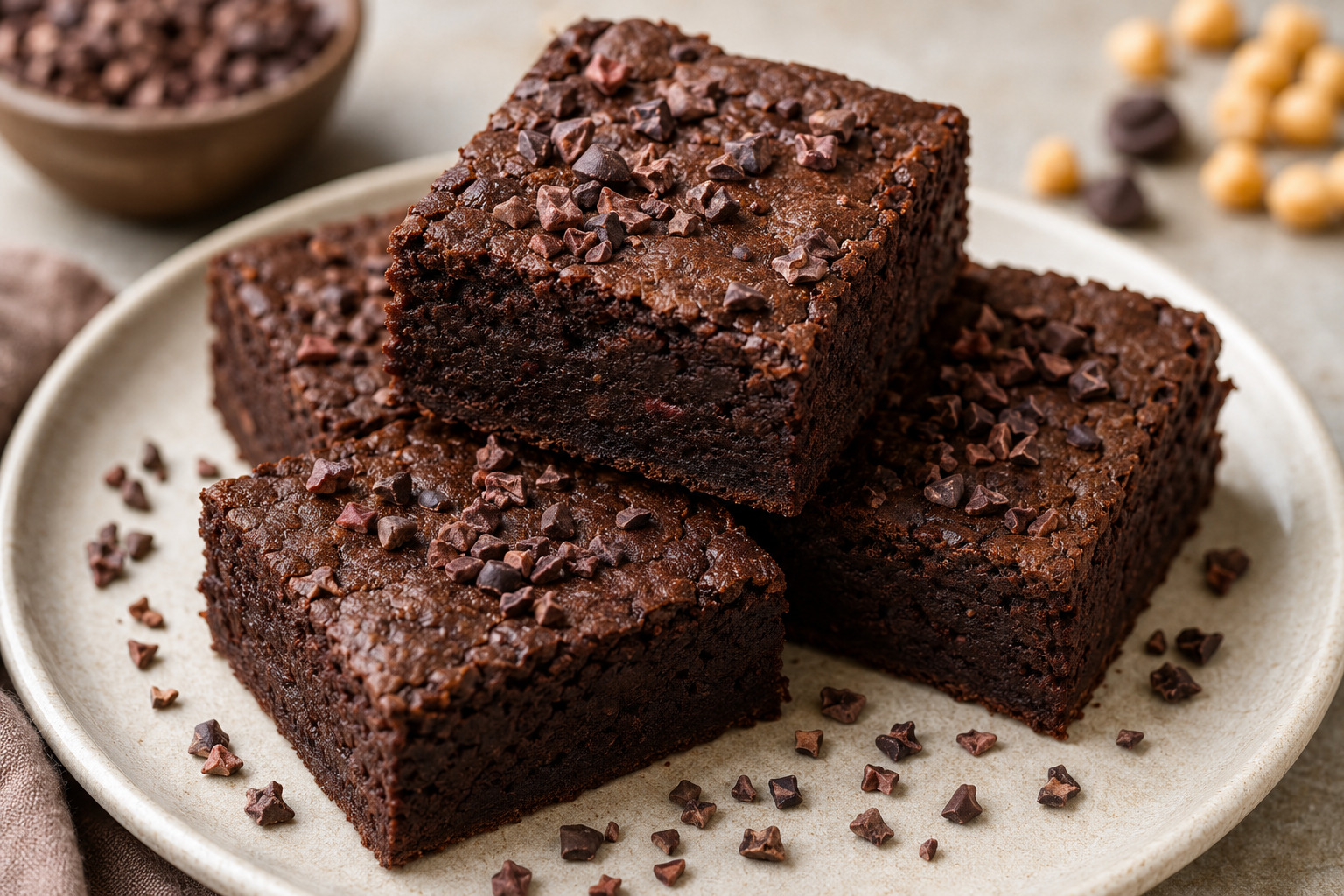 Fudgy chocolate black bean and chickpea brownies topped with cacao nibs