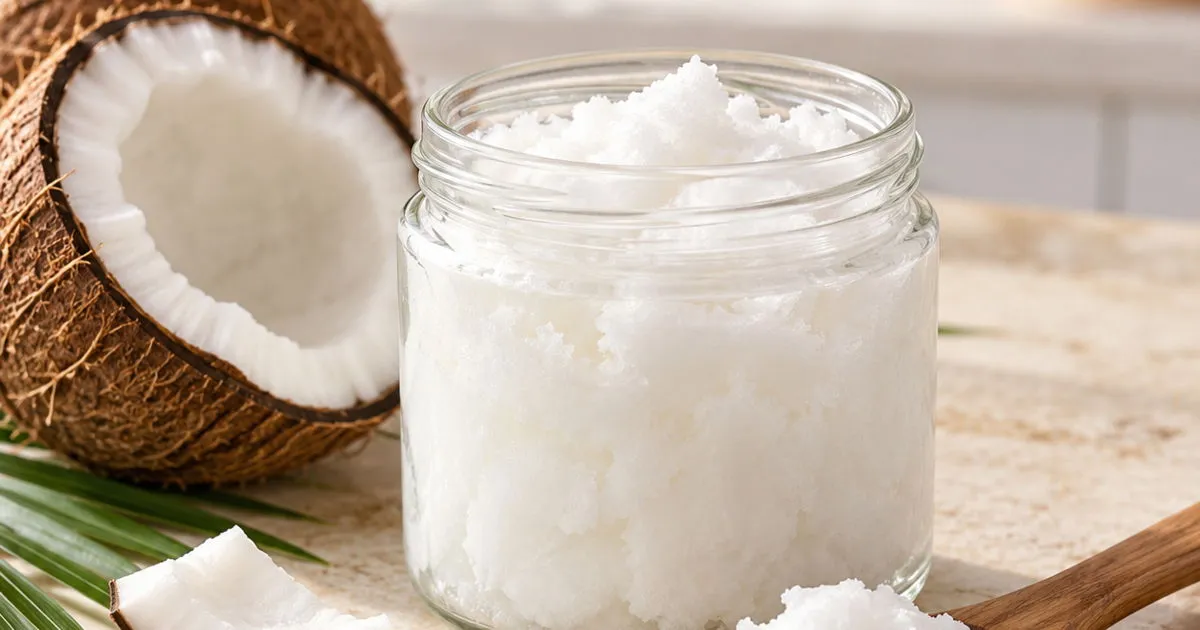 Coconut oil in a glass jar with fresh coconut