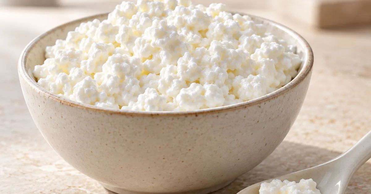 Fresh cottage cheese in a ceramic bowl with a spoon