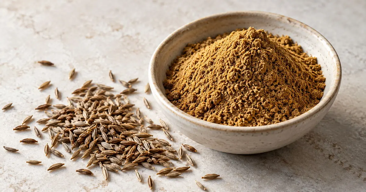 Ground cumin in a ceramic bowl with whole cumin seeds beside it