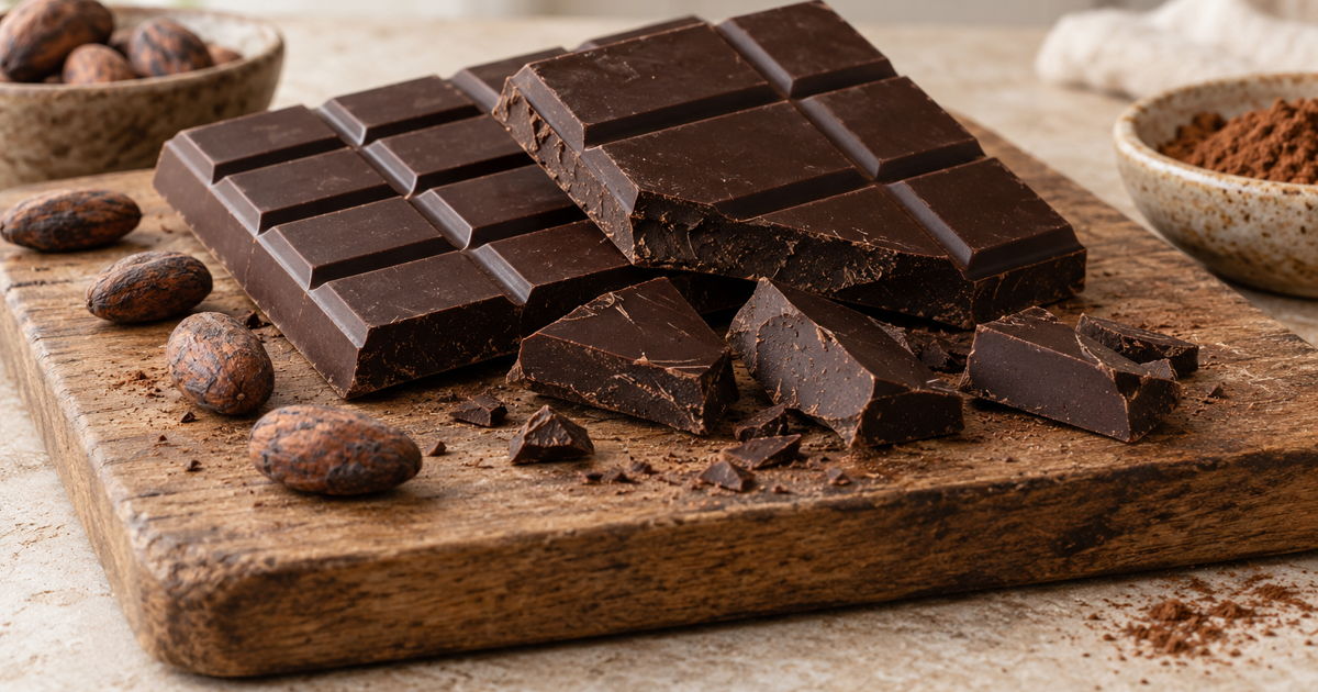 Dark chocolate bars and pieces with cacao beans