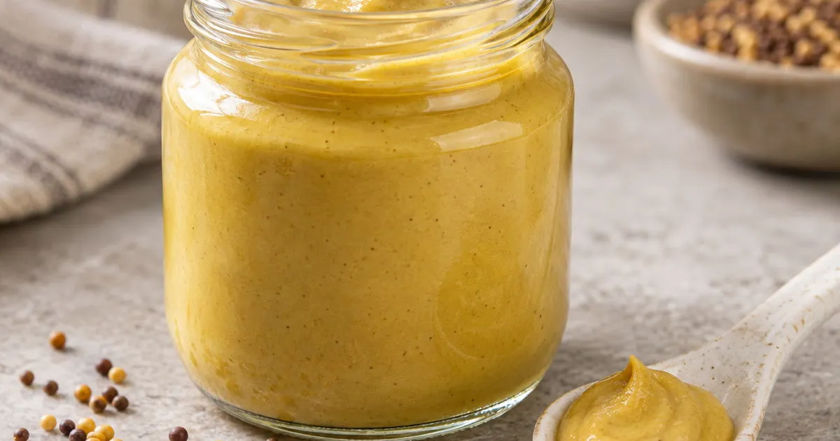 Dijon mustard in a glass jar with mustard seeds